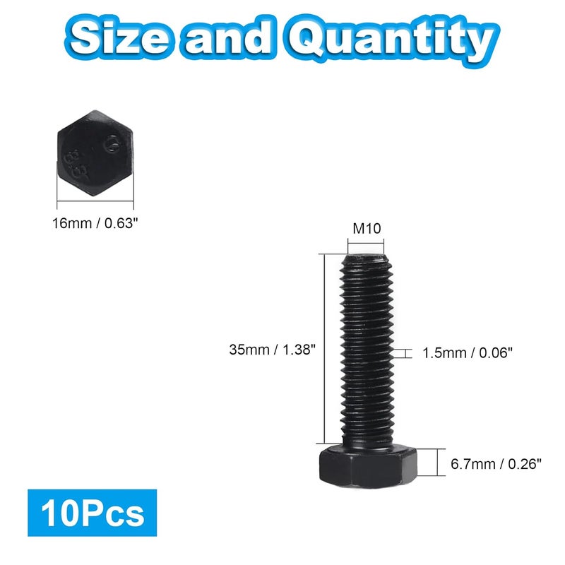 Yinpecly M10 Hex Bolts, M10-1.5 x 35mm Hex Head Bolts, Carbon Steel Grade 8.8, Black Oxide Finish, Full Thread,Metric Hexagon Head Bolts Right Hand External Hex Drive, 10 PCS - Image 2